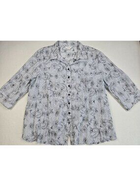 CJ Banks 3X Black & White Floral 3/4 Sleeve Button-Down Shirt